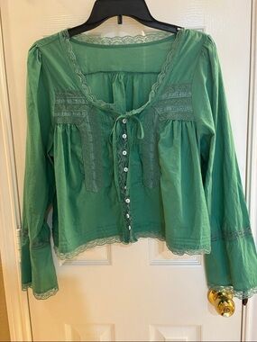 Green Lace-Trim Button Front Women's Blouse